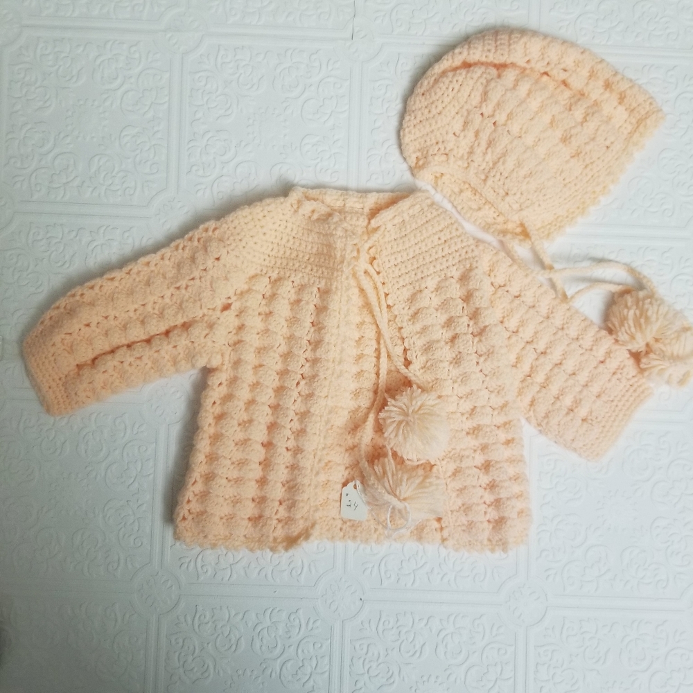 Hand knit sweater/bonnet set - Picture 1 of 5